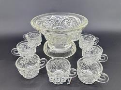 Vintage 1980s L E Smith Clear Crystal Glass McKee Aztec Punch Bowl Set 9 Cups
