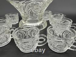 Vintage 1980s L E Smith Clear Crystal Glass McKee Aztec Punch Bowl Set 9 Cups