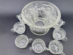 Vintage 1980s L E Smith Clear Crystal Glass McKee Aztec Punch Bowl Set 9 Cups