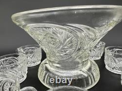 Vintage 1980s L E Smith Clear Crystal Glass McKee Aztec Punch Bowl Set 9 Cups Vintage 1980s L E Smith Clear Crystal Glass McKee Aztec Punch Bowl Set 9 Cups