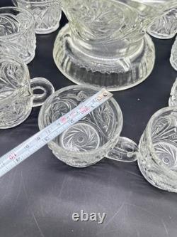 Vintage 1980s L E Smith Clear Crystal Glass McKee Aztec Punch Bowl Set 9 Cups