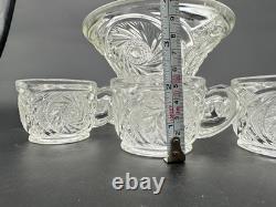 Vintage 1980s L E Smith Clear Crystal Glass McKee Aztec Punch Bowl Set 9 Cups