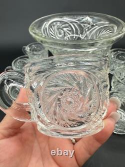 Vintage 1980s L E Smith Clear Crystal Glass McKee Aztec Punch Bowl Set 9 Cups