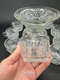 Vintage 1980s L E Smith Clear Crystal Glass McKee Aztec Punch Bowl Set 9 Cups