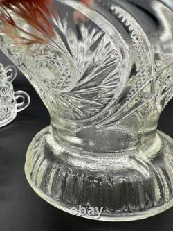 Vintage 1980s L E Smith Clear Crystal Glass McKee Aztec Punch Bowl Set 9 Cups