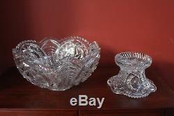 Vintage 2 Piece Heavy Cut Glass Punch Bowl & Pedestal with Ladle 12 1/4 Tall