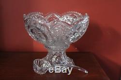 Vintage 2 Piece Heavy Cut Glass Punch Bowl & Pedestal with Ladle 12 1/4 Tall