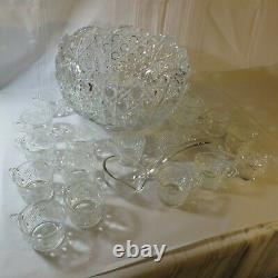 Vintage 20PC L. E. Smith Crystal Scalloped Daisy Hobstar & Button Punch Bowl SET