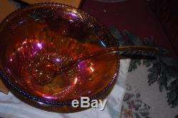 Vintage 26pc Indiana Glass Gold Carnival Iridescent Harvest Grape Punch Bowl Set