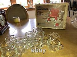 Vintage 26pc Jeannette Glass Crystal Fruit Design Punch Bowl Set