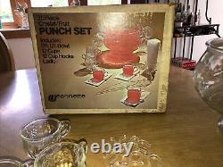 Vintage 26pc Jeannette Glass Crystal Fruit Design Punch Bowl Set