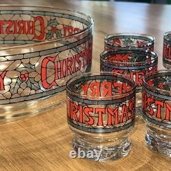 Vintage 7-pc Set by Houze Cera 6 Merry Christmas Holly Glasses & Punch Bowl