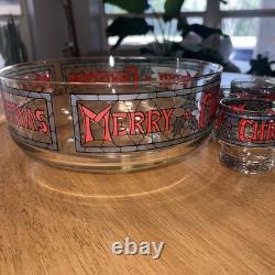 Vintage 7-pc Set by Houze Cera 6 Merry Christmas Holly Glasses & Punch Bowl