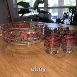 Vintage 7-pc Set by Houze Cera 6 Merry Christmas Holly Glasses & Punch Bowl