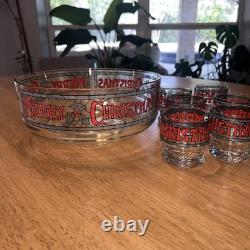 Vintage 7-pc Set by Houze Cera 6 Merry Christmas Holly Glasses & Punch Bowl