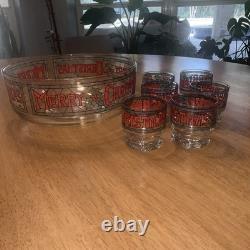 Vintage 7-pc Set by Houze Cera 6 Merry Christmas Holly Glasses & Punch Bowl