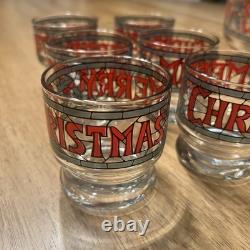 Vintage 7-pc Set by Houze Cera 6 Merry Christmas Holly Glasses & Punch Bowl