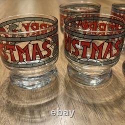 Vintage 7-pc Set by Houze Cera 6 Merry Christmas Holly Glasses & Punch Bowl