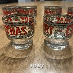 Vintage 7-pc Set by Houze Cera 6 Merry Christmas Holly Glasses & Punch Bowl