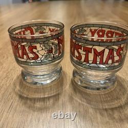 Vintage 7-pc Set by Houze Cera 6 Merry Christmas Holly Glasses & Punch Bowl