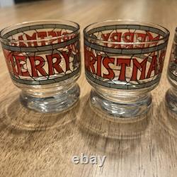 Vintage 7-pc Set by Houze Cera 6 Merry Christmas Holly Glasses & Punch Bowl