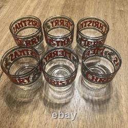 Vintage 7-pc Set by Houze Cera 6 Merry Christmas Holly Glasses & Punch Bowl