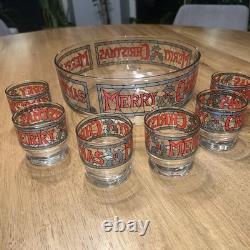 Vintage 7-pc Set by Houze Cera 6 Merry Christmas Holly Glasses & Punch Bowl