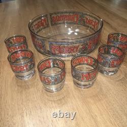 Vintage 7-pc Set by Houze Cera 6 Merry Christmas Holly Glasses & Punch Bowl