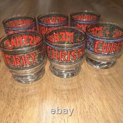 Vintage 7-pc Set by Houze Cera 6 Merry Christmas Holly Glasses & Punch Bowl