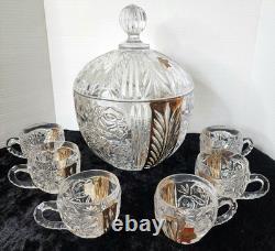 Vintage 8-Pc Anna Hutte Germany Rosaline 24% Lead Crystal Punch Bowl & 6 Cups