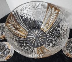 Vintage 8-Pc Anna Hutte Germany Rosaline 24% Lead Crystal Punch Bowl & 6 Cups