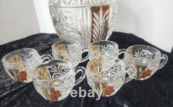 Vintage 8-Pc Anna Hutte Germany Rosaline 24% Lead Crystal Punch Bowl & 6 Cups