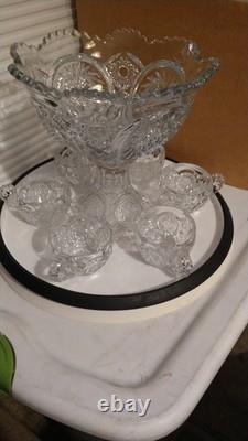 Vintage 8-piece EAPG 10x 10Punch SetPunch Bowl x1, Stand x1, Cup x6- Used/G