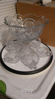 Vintage 8-piece EAPG 10x 10Punch SetPunch Bowl x1, Stand x1, Cup x6- Used/G