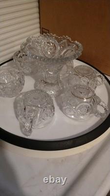 Vintage 8-piece EAPG 10x 10Punch SetPunch Bowl x1, Stand x1, Cup x6- Used/G