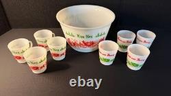 Vintage 9 Piece Egg Nog Punch Bowl Cup Set Hazel Atlas Milk Glass Currier Ives