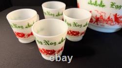 Vintage 9 Piece Egg Nog Punch Bowl Cup Set Hazel Atlas Milk Glass Currier Ives