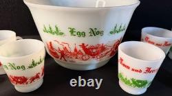 Vintage 9 Piece Egg Nog Punch Bowl Cup Set Hazel Atlas Milk Glass Currier Ives