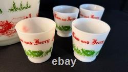Vintage 9 Piece Egg Nog Punch Bowl Cup Set Hazel Atlas Milk Glass Currier Ives