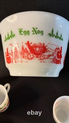 Vintage 9 Piece Egg Nog Punch Bowl Cup Set Hazel Atlas Milk Glass Currier Ives
