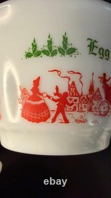 Vintage 9 Piece Egg Nog Punch Bowl Cup Set Hazel Atlas Milk Glass Currier Ives
