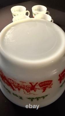 Vintage 9 Piece Egg Nog Punch Bowl Cup Set Hazel Atlas Milk Glass Currier Ives