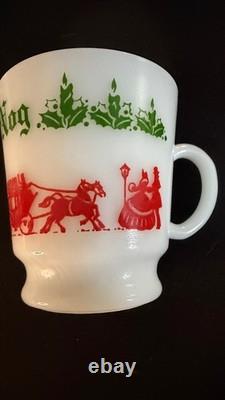 Vintage 9 Piece Egg Nog Punch Bowl Cup Set Hazel Atlas Milk Glass Currier Ives