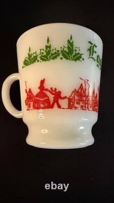 Vintage 9 Piece Egg Nog Punch Bowl Cup Set Hazel Atlas Milk Glass Currier Ives