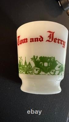 Vintage 9 Piece Egg Nog Punch Bowl Cup Set Hazel Atlas Milk Glass Currier Ives