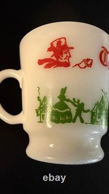 Vintage 9 Piece Egg Nog Punch Bowl Cup Set Hazel Atlas Milk Glass Currier Ives