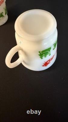 Vintage 9 Piece Egg Nog Punch Bowl Cup Set Hazel Atlas Milk Glass Currier Ives