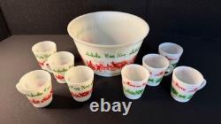 Vintage 9 Piece Egg Nog Punch Bowl Cup Set Hazel Atlas Milk Glass Currier Ives