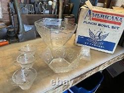 Vintage A-96 Federal Glass/Hazel Atlas Americana Eagle Punch Bowl Set with 12 cups