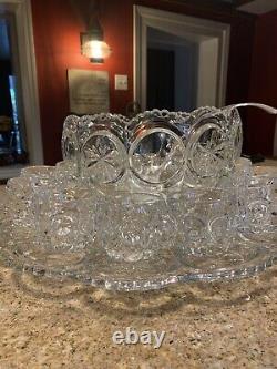 Vintage ANCHOR HOCKING 10 Glass Punch Bowl Set with12 cups And Tray. FLAWLESS